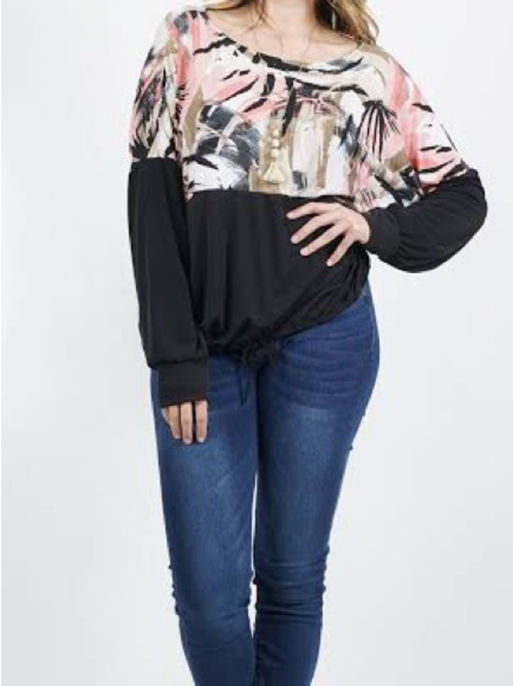 42 Pops Medium Botanical Floral & Palm Design Drawstring Top - Like New